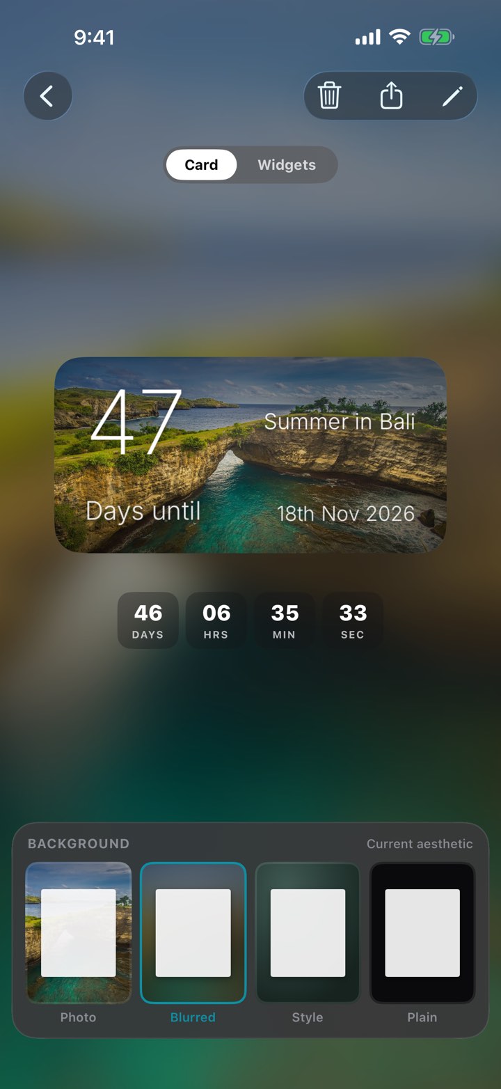A full-screen countdown for “Summer in Bali”: 47 days over a blurred photo of the Nusa Penida coast, with a live days, hours, minutes and seconds ticker.