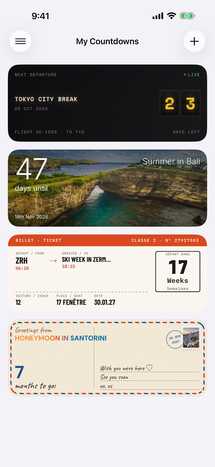 The countdown list, each trip in its own design: Tokyo city break on a departure board, Summer in Bali as a photo card, Ski week in Zermatt as a train ticket and Honeymoon in Santorini as a postcard.
