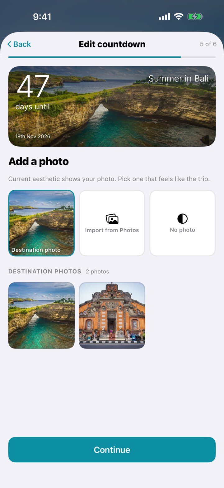 The photo step: the destination photo, Import from Photos and No photo, above two photos of Bali to choose from.
