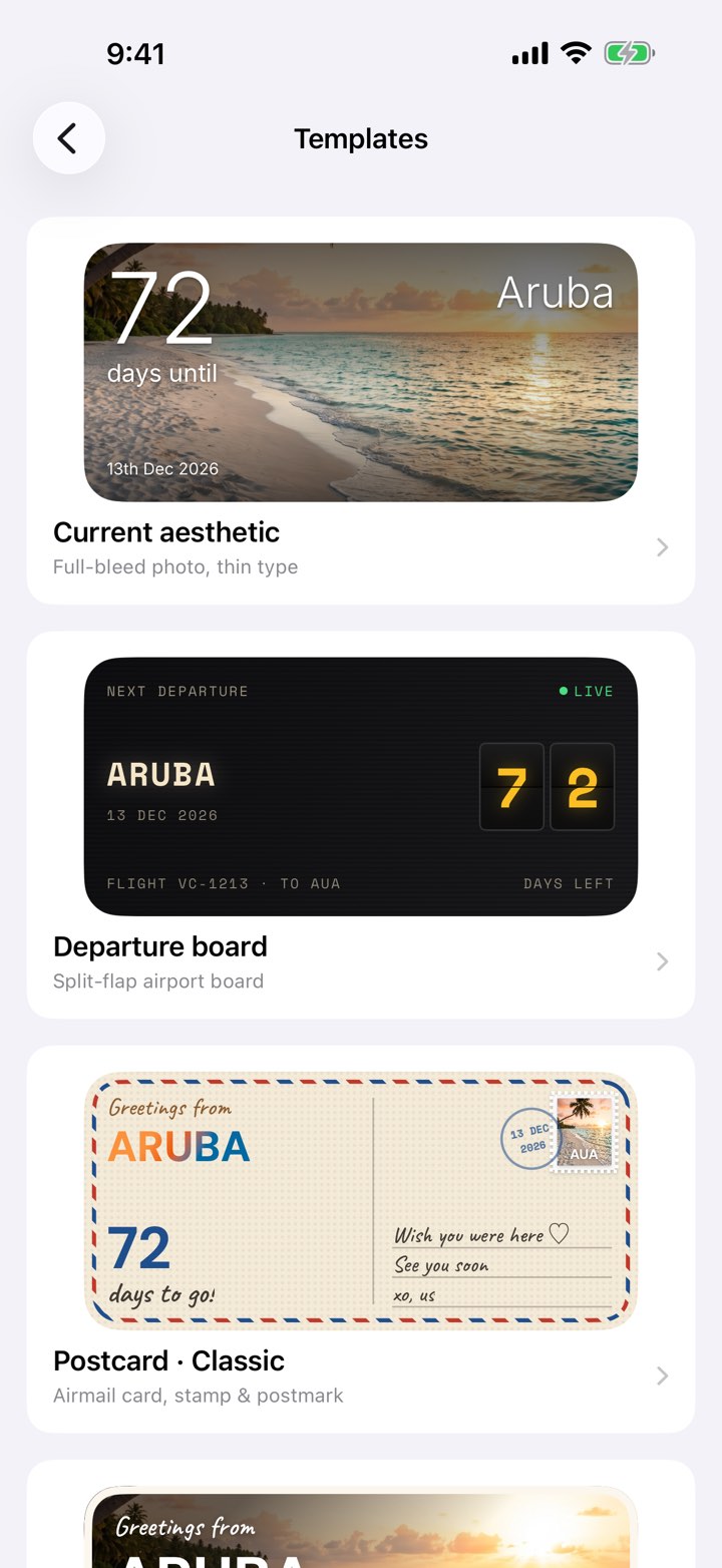 The designs: a full-bleed photo card for Aruba, a split-flap departure board and an airmail postcard.