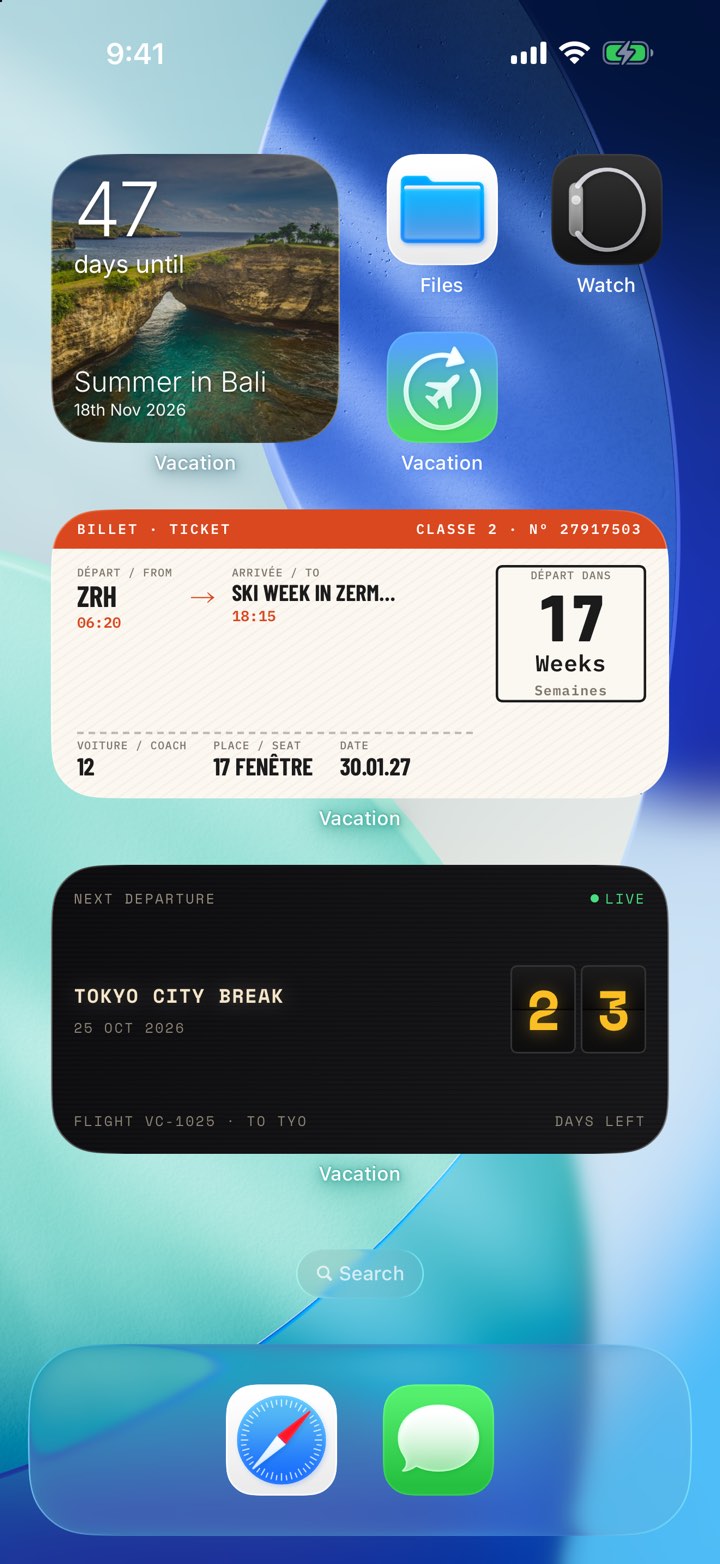 An iPhone Home Screen with three Vacation Countdown widgets in their designs: a photo card for Bali, a train ticket for Zermatt and a departure board for Tokyo.